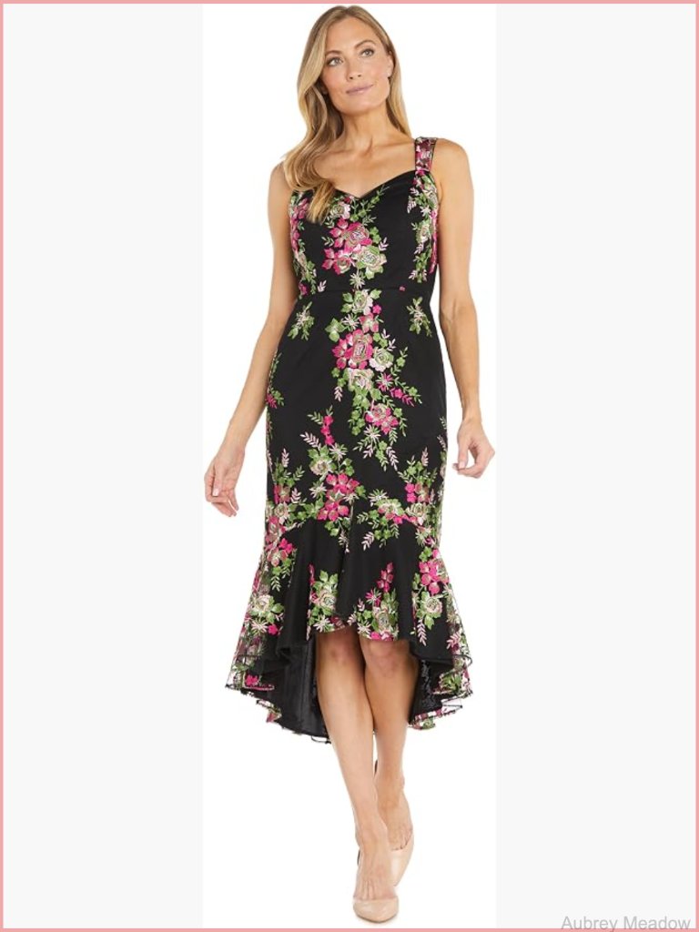 Sleeveless Floral Embroidered Hi Low Flounce Dress Midi